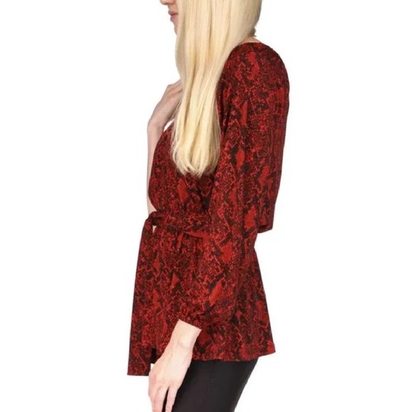 Michael Kors One Shoulder Blouse Python Snake Print Red & Black Ribbon Belt long - Picture 5 of 6
